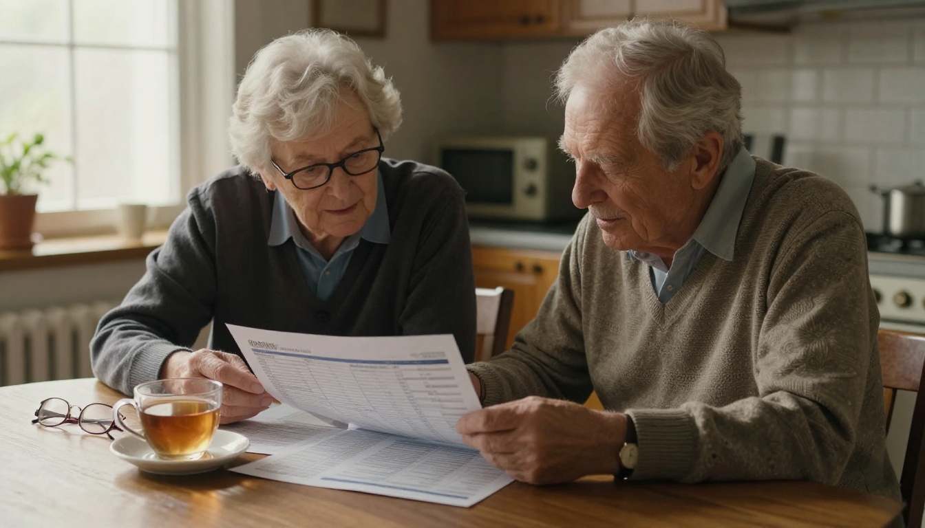 Shareholders at a kitchen table reading a printed shareholder report with tea Shareholders at a kitchen table reading a printed shareholder report with tea