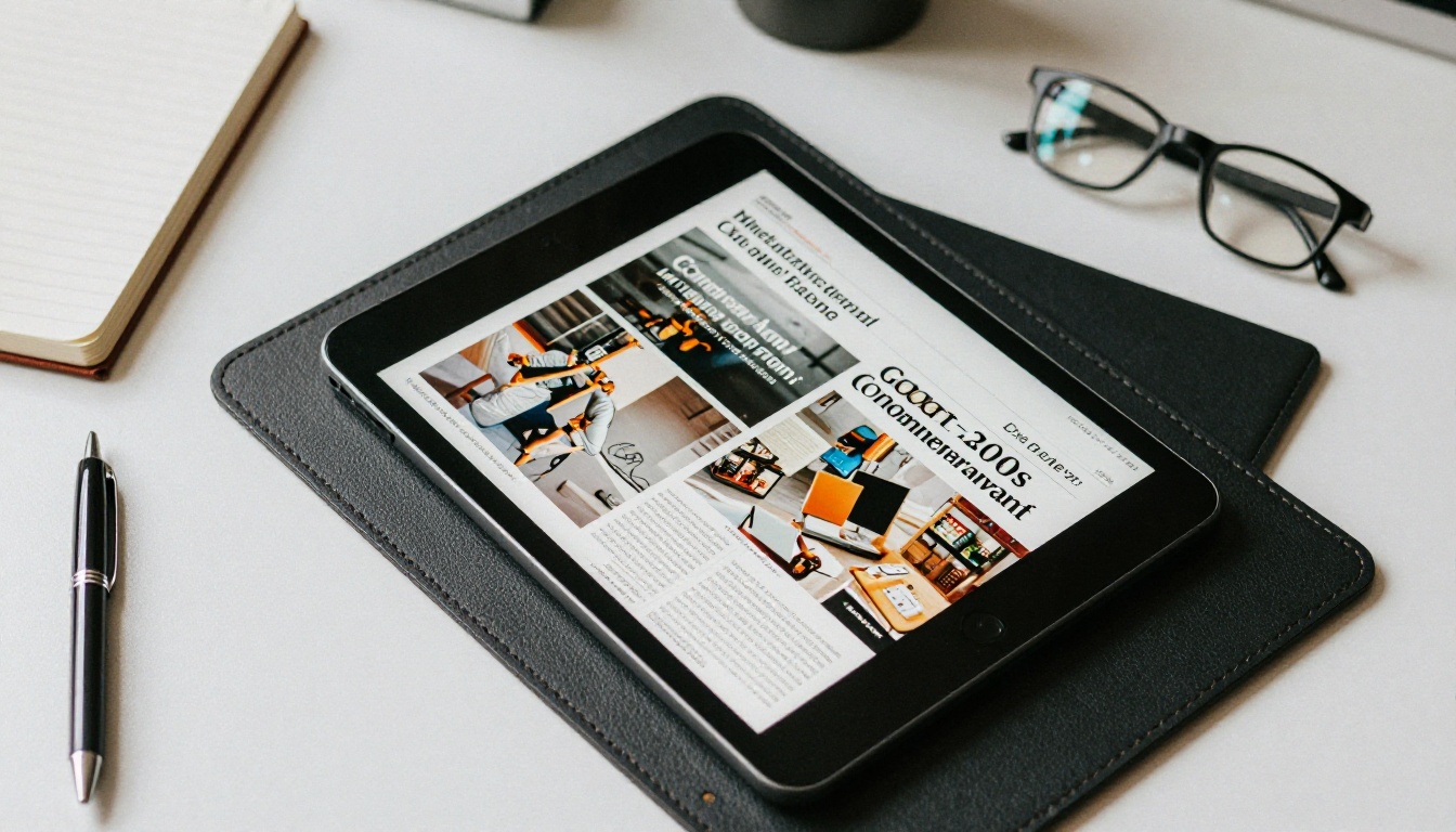 A flat lay of a desk with a tablet showing a digital magazine, a notebook and reading glasses