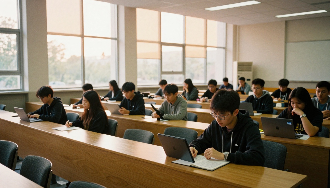 Lecture hall with students using tablets and laptops with enlarged text