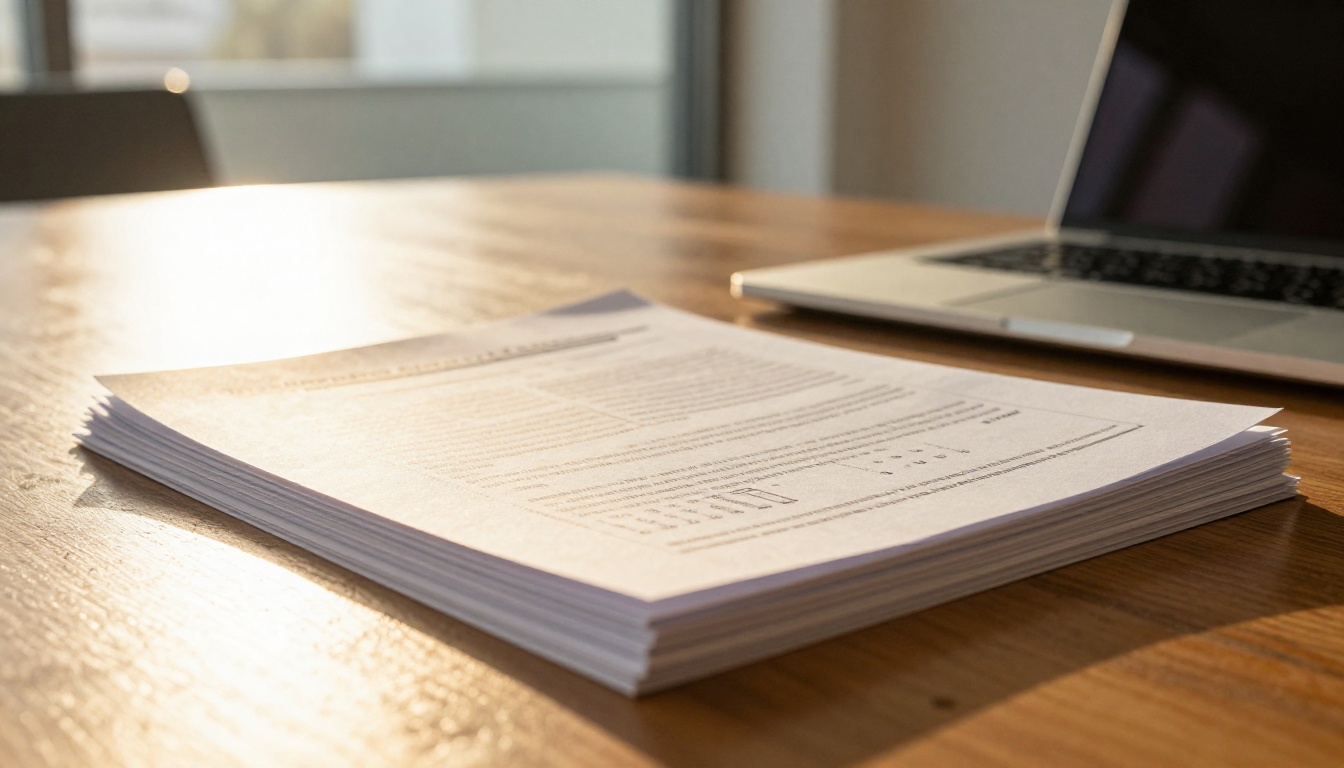 Stack of printed business reports next to a laptop in a sunlit meeting room