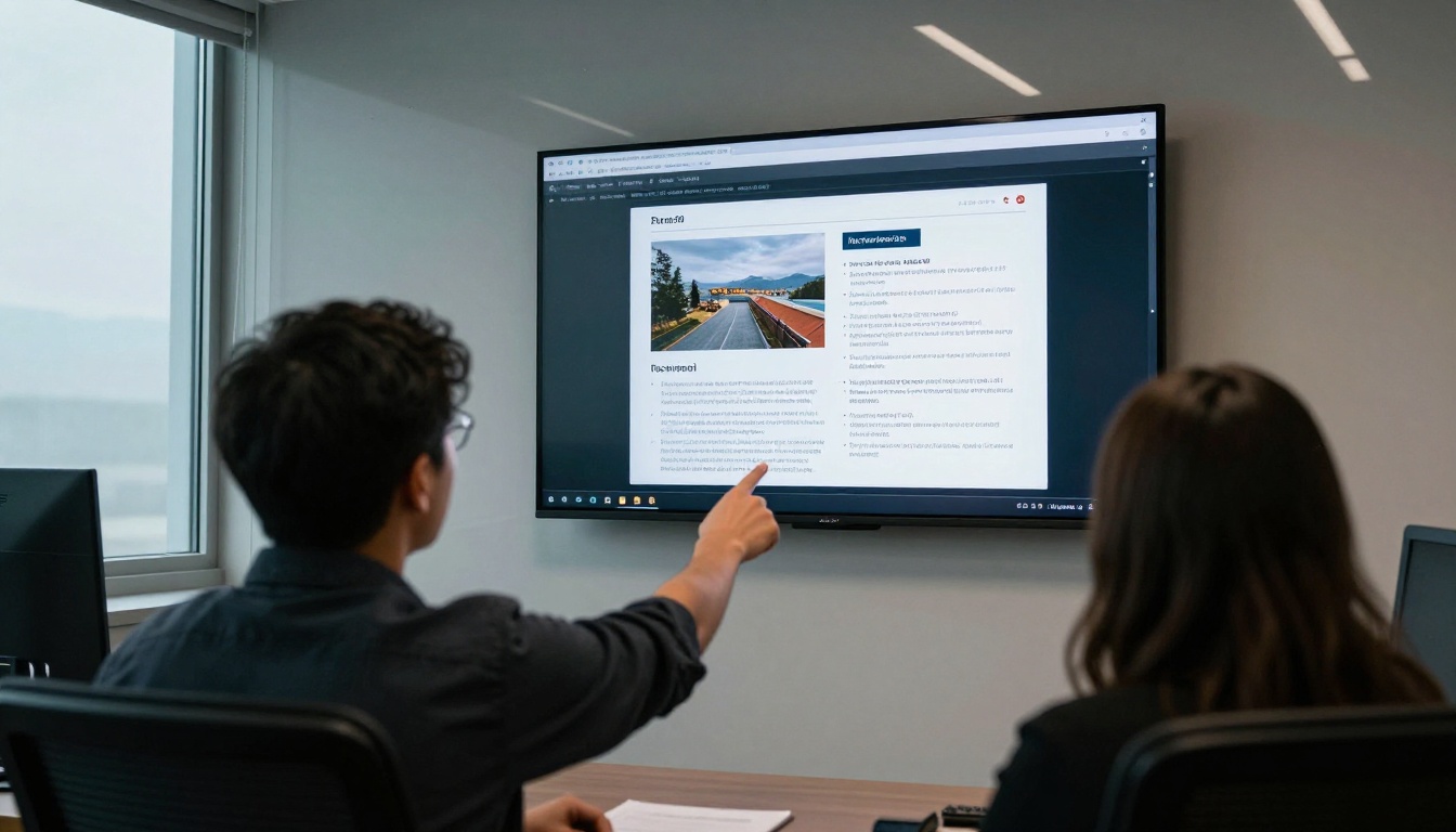 Two colleagues reviewing an open digital report on a wall monitor in a meeting room