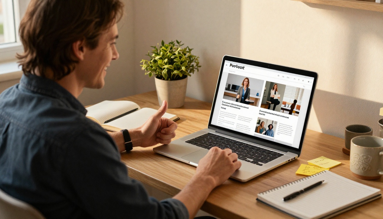 Publisher reviewing a finished digital brochure on a laptop in a studio