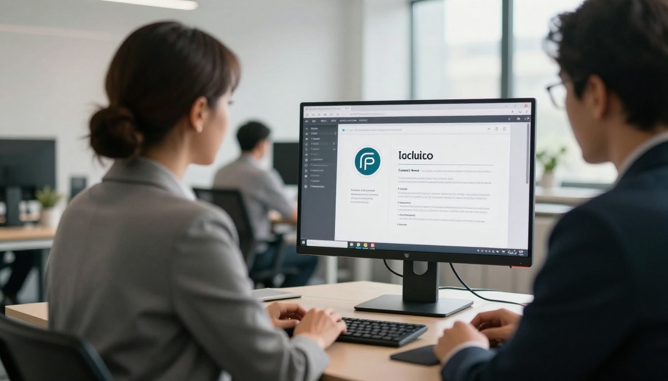 Marketing manager reviewing a digital brochure on a large monitor