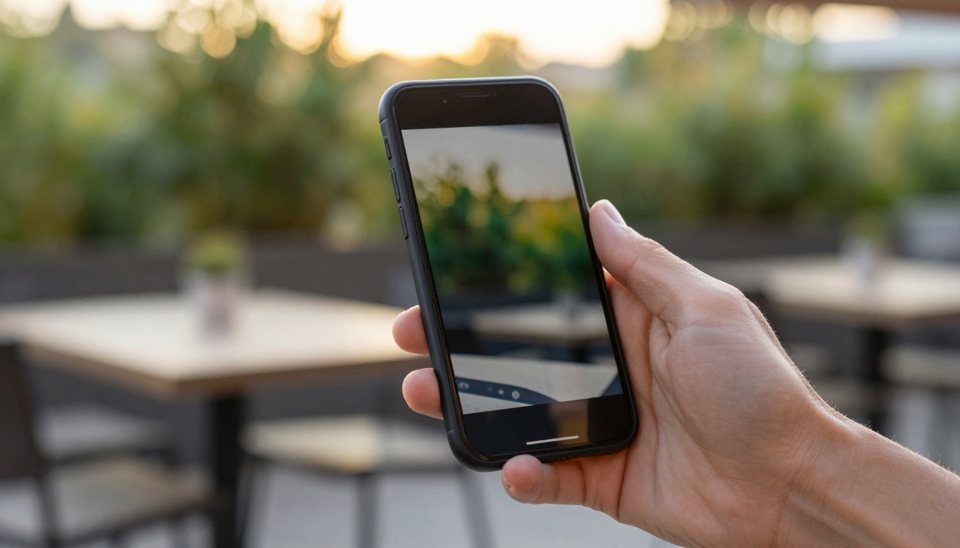 A person holding a smartphone showing a page-turning digital brochure on a sunlit terrace