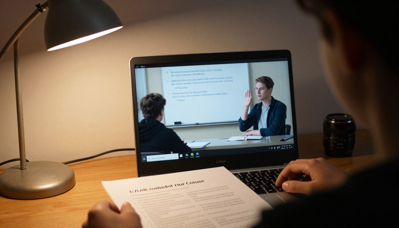 Student watching a lesson video on a laptop while holding a printed handout