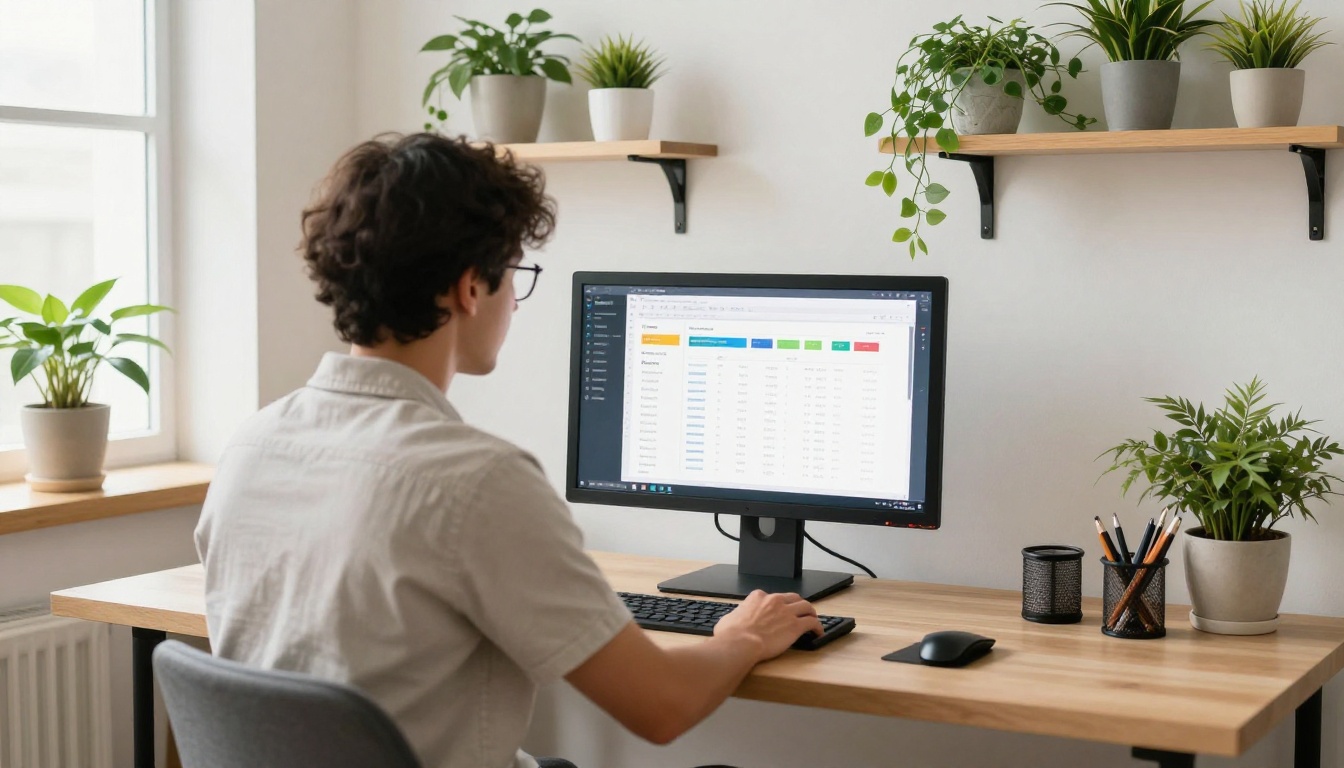 A small business owner reviewing analytics charts on a monitor in a bright studio