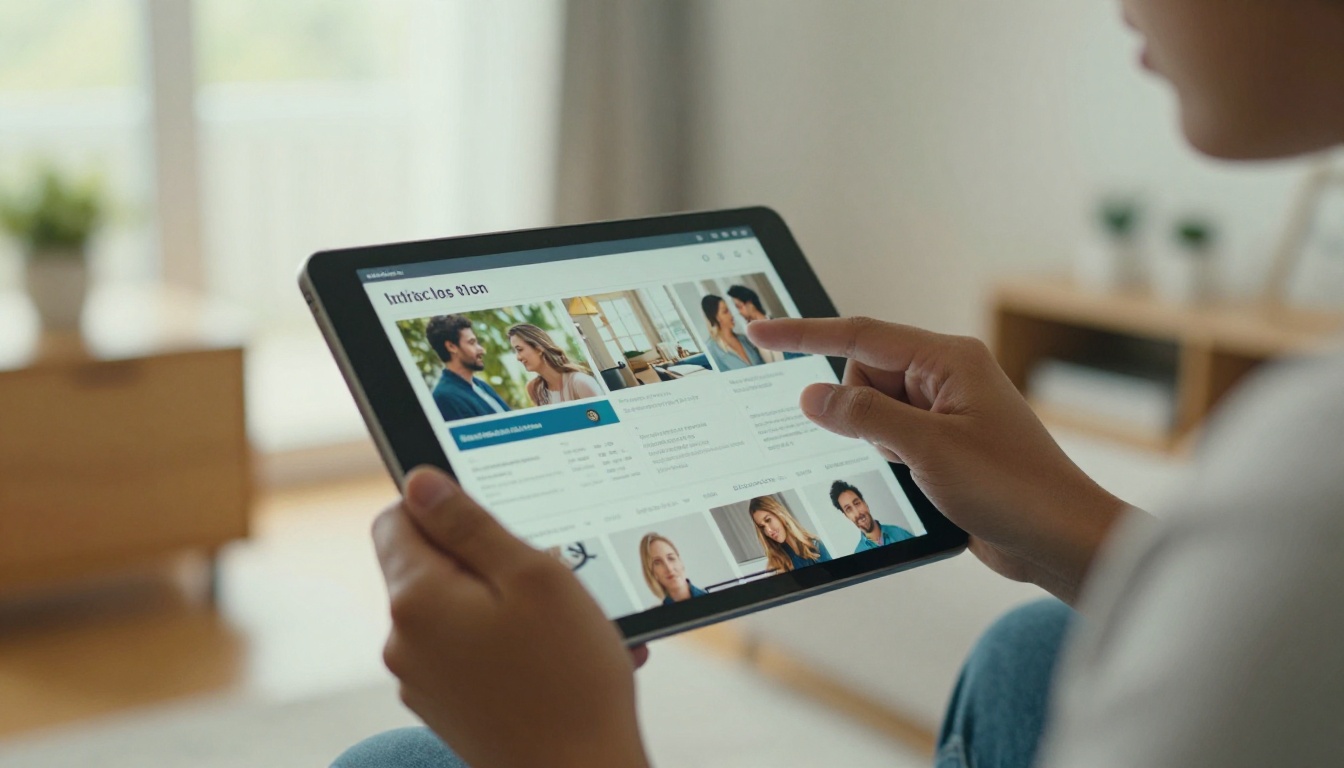 Real estate agent showing a tablet brochure to a couple in a living room