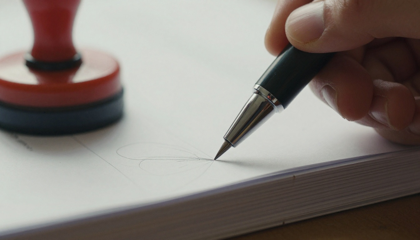 A stack of printed documents with a pen and a rubber stamp on a desk