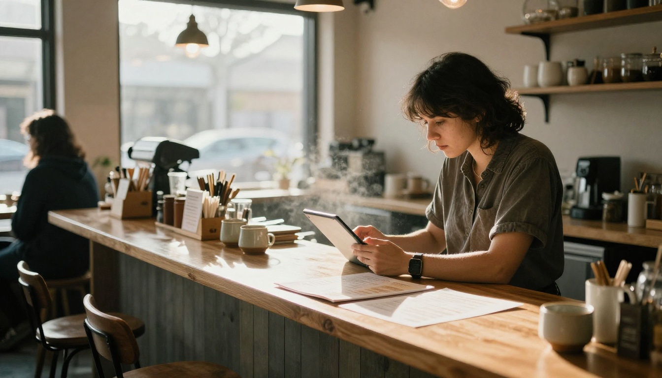 Restaurant owner scanning a menu on a tablet at a wooden counter