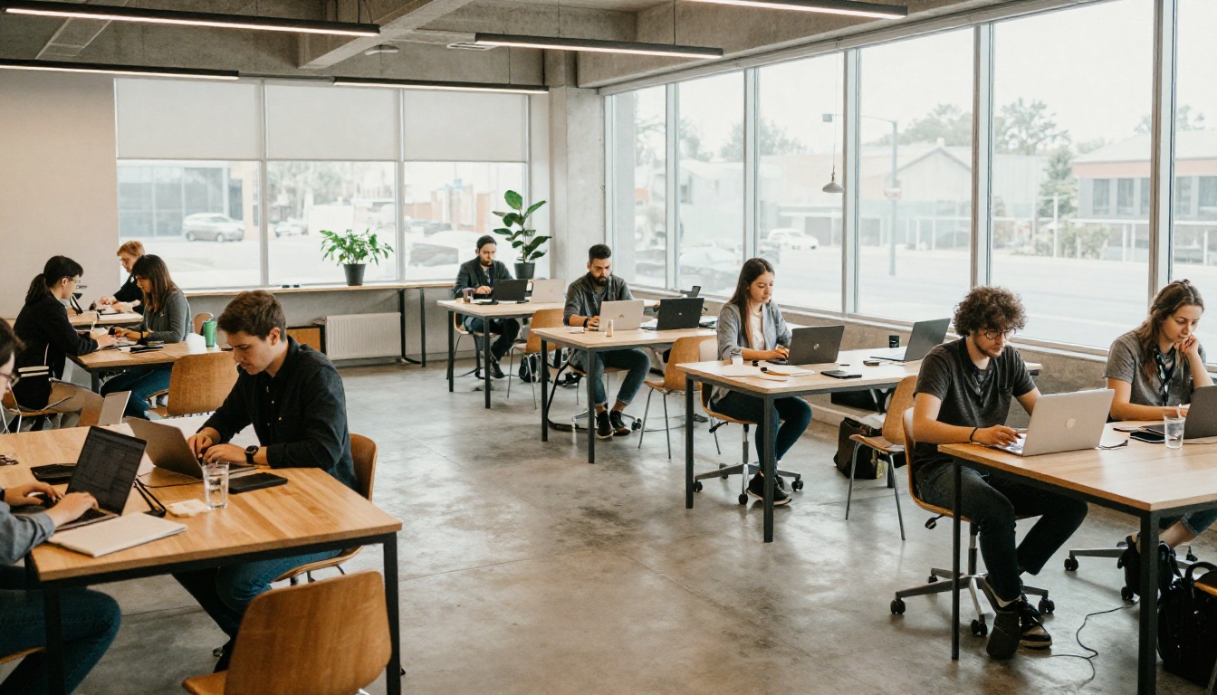 A modern coworking space with people working on laptops at long tables