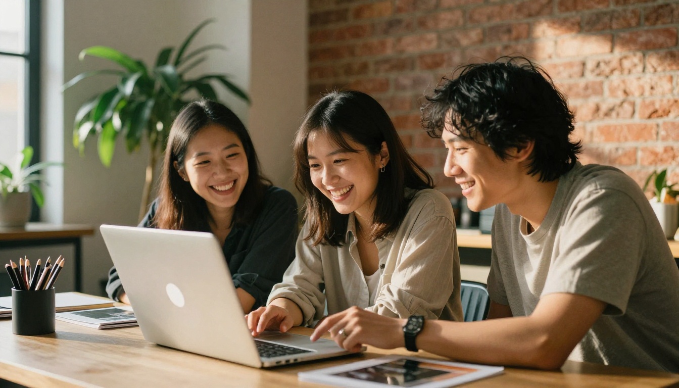 Three coworkers laughing around a laptop in a creative studio