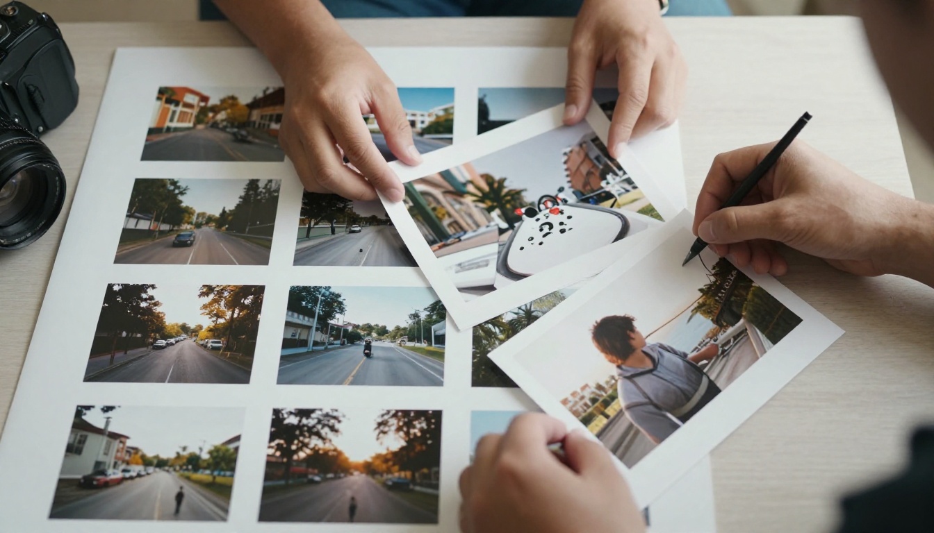 A photographer arranging printed images in a grid on a table A photographer arranging printed images in a grid on a table