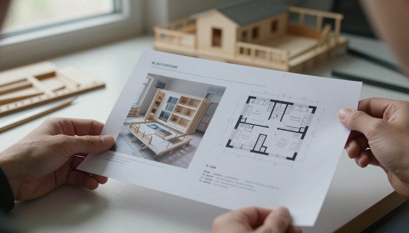 Hands holding a printed architecture portfolio page with floor plans Hands holding a printed architecture portfolio page with floor plans