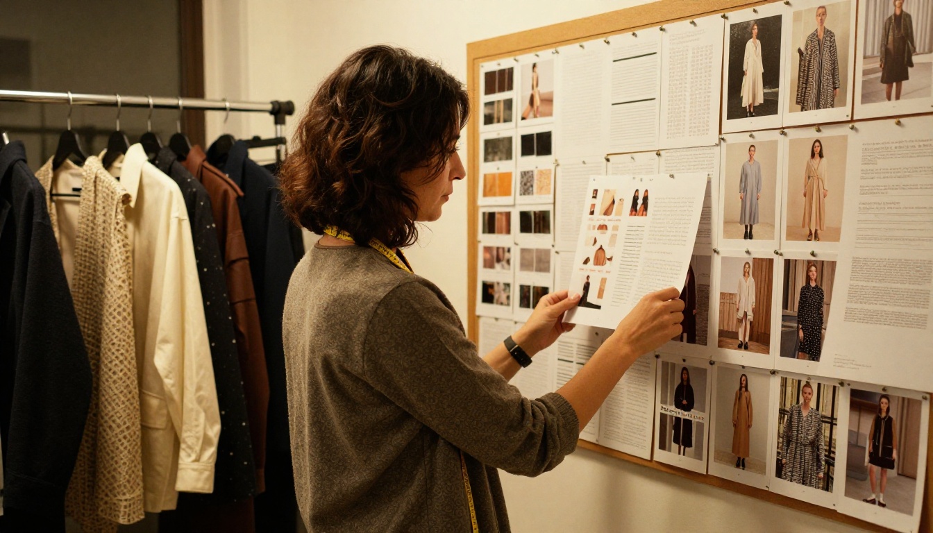 A fashion designer reviewing a lookbook beside a garment rack A fashion designer reviewing a lookbook beside a garment rack