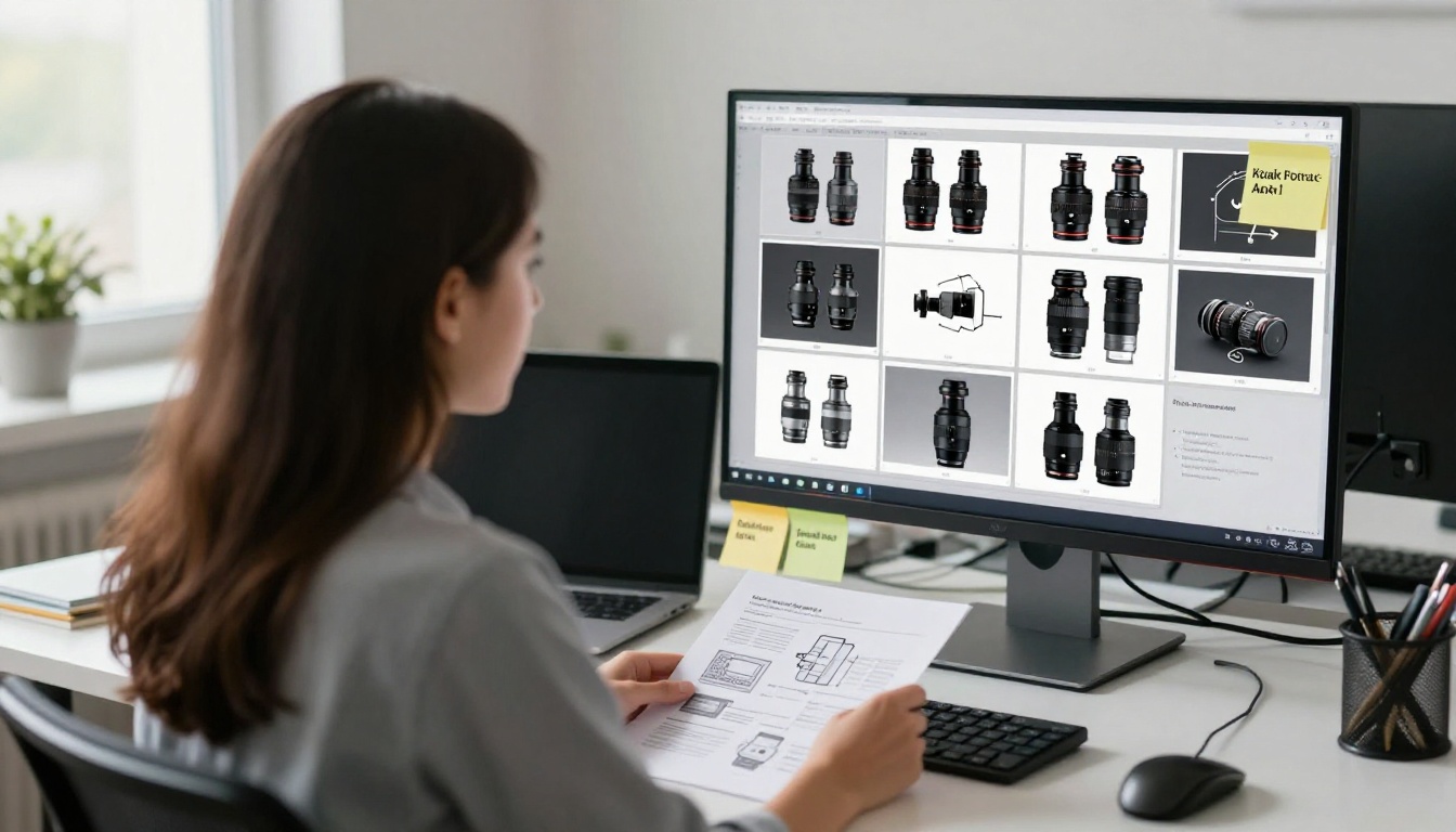 A UX designer reviewing a case study on a monitor next to a storyboard A UX designer reviewing a case study on a monitor next to a storyboard