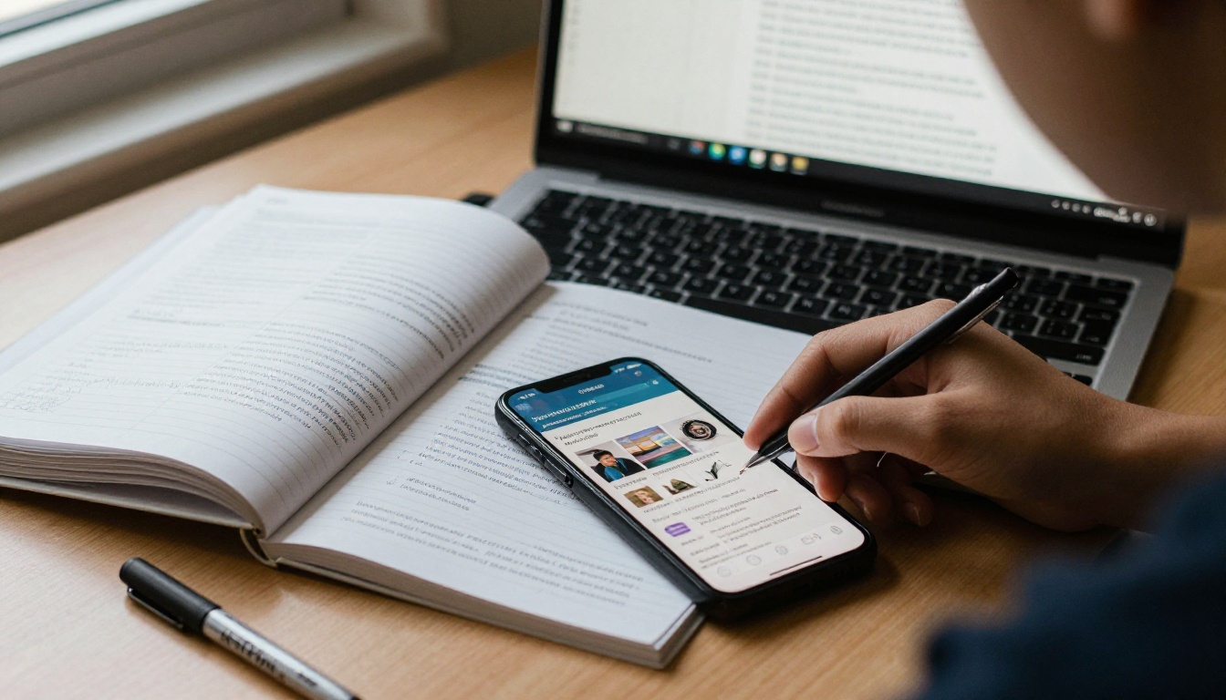 A student's laptop and phone showing a digital portfolio on a library desk A student's laptop and phone showing a digital portfolio on a library desk