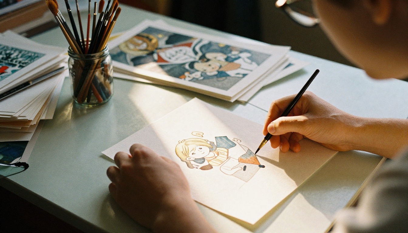 An illustrator sorting prints into keep and discard piles An illustrator sorting prints into keep and discard piles