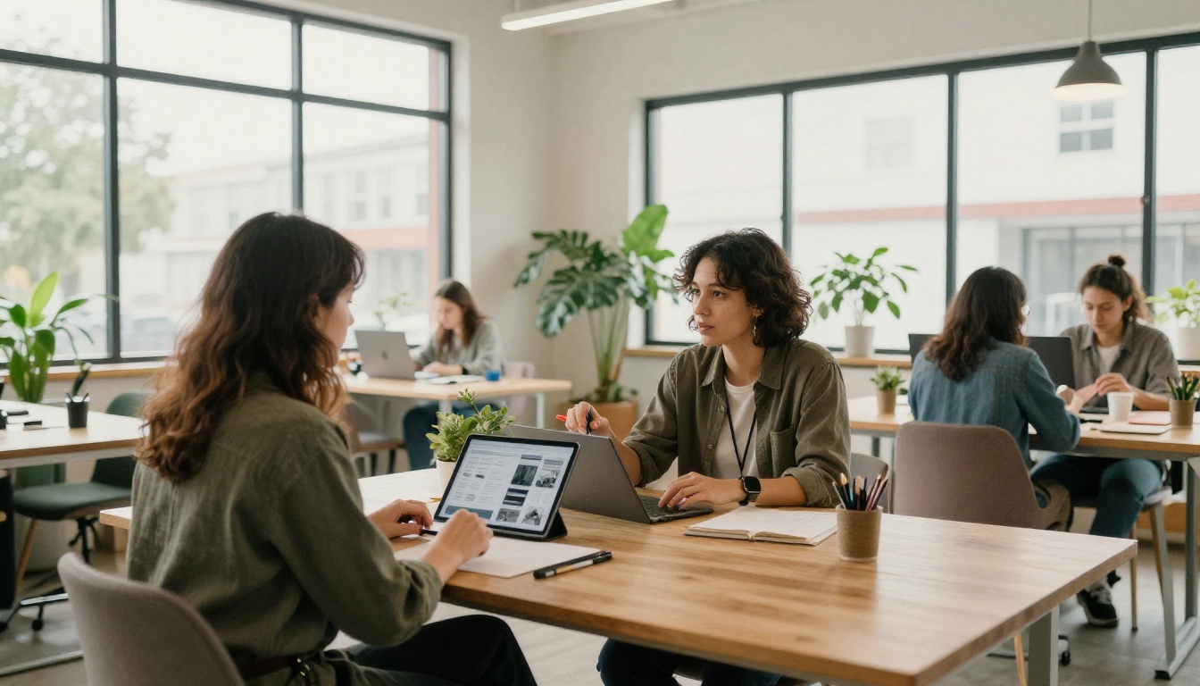 A freelancer presenting a tablet portfolio to a client in a coworking space A freelancer presenting a tablet portfolio to a client in a coworking space