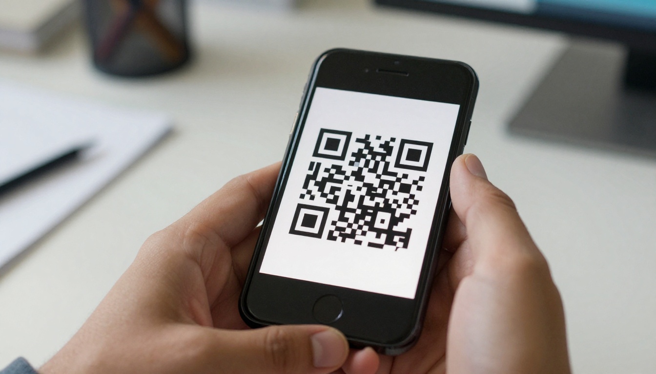 A hand scanning a printed QR code on a glossy brochure