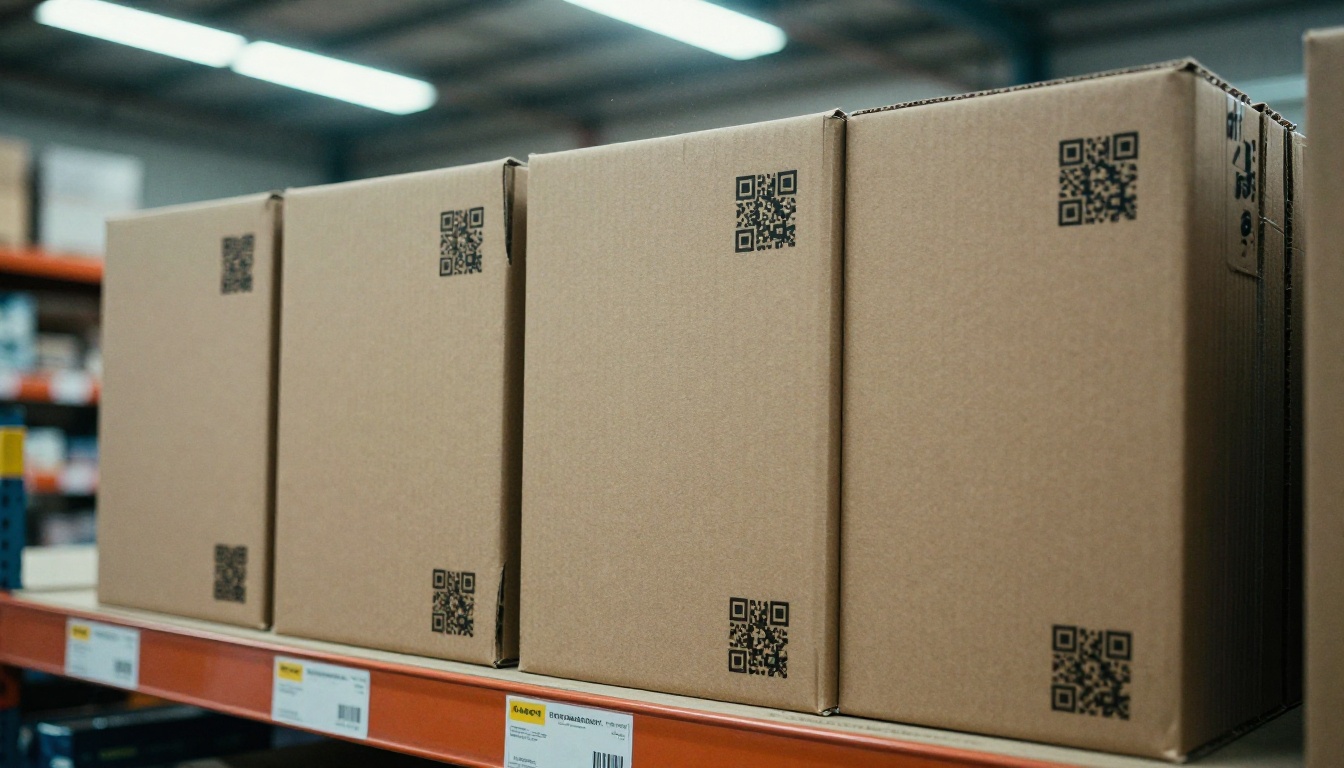 A stack of printed catalogs on a warehouse shelf, each with a QR code
