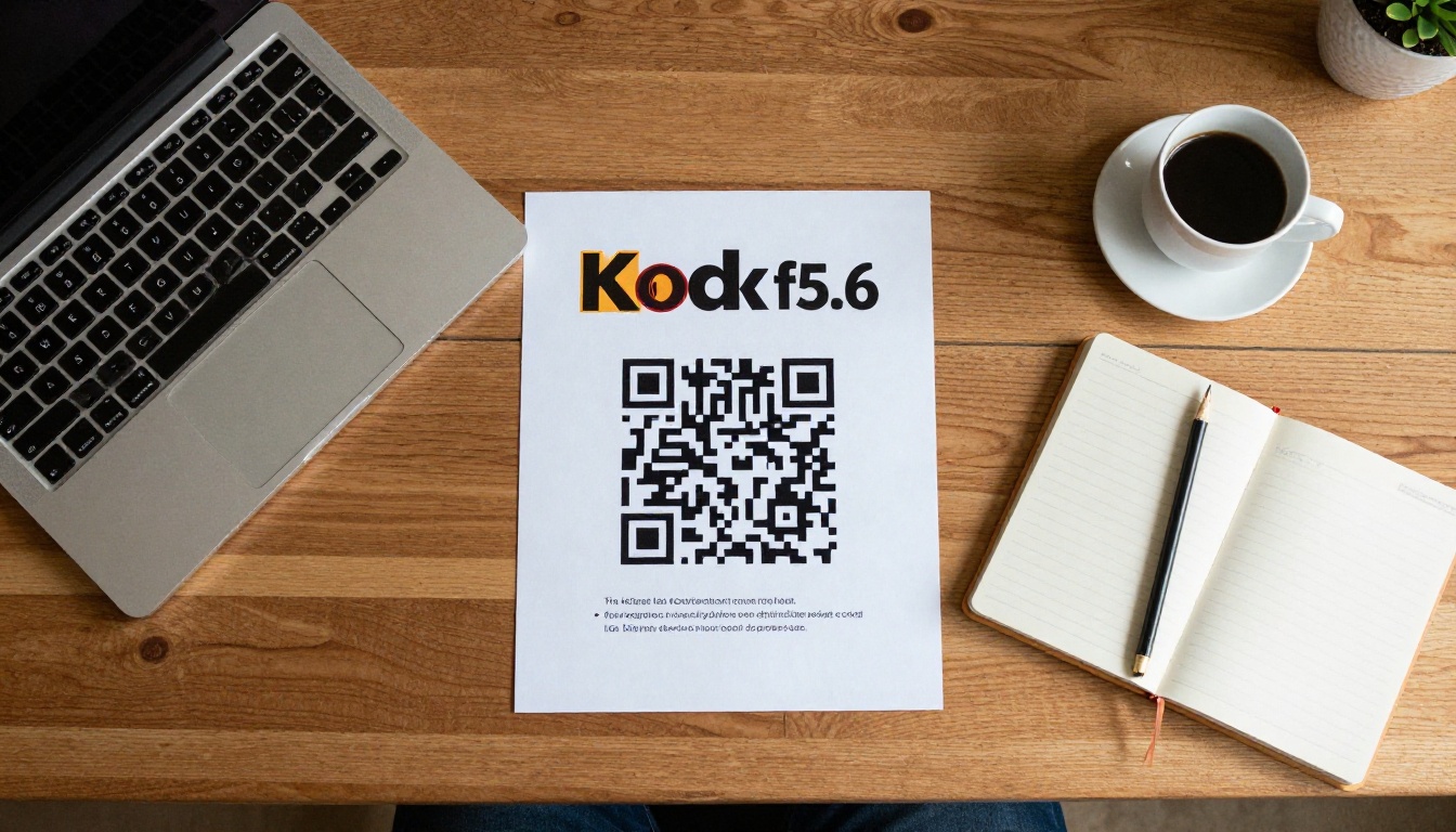 An overhead view of a desk with a laptop and printed flyer