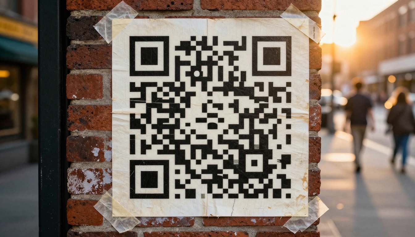 A faded, sun-bleached poster with a worn QR code on a brick wall