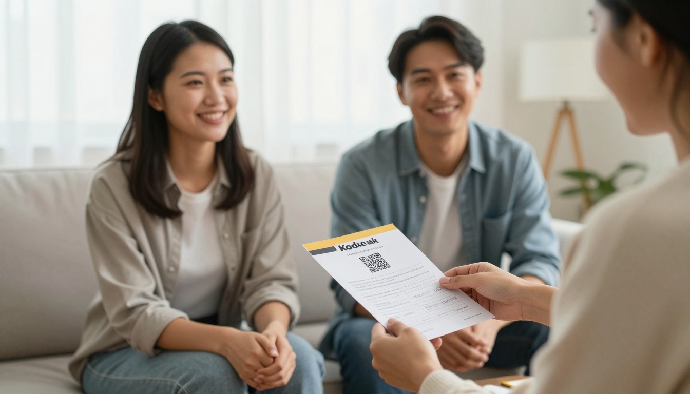 A real estate agent handing a printed brochure to a couple