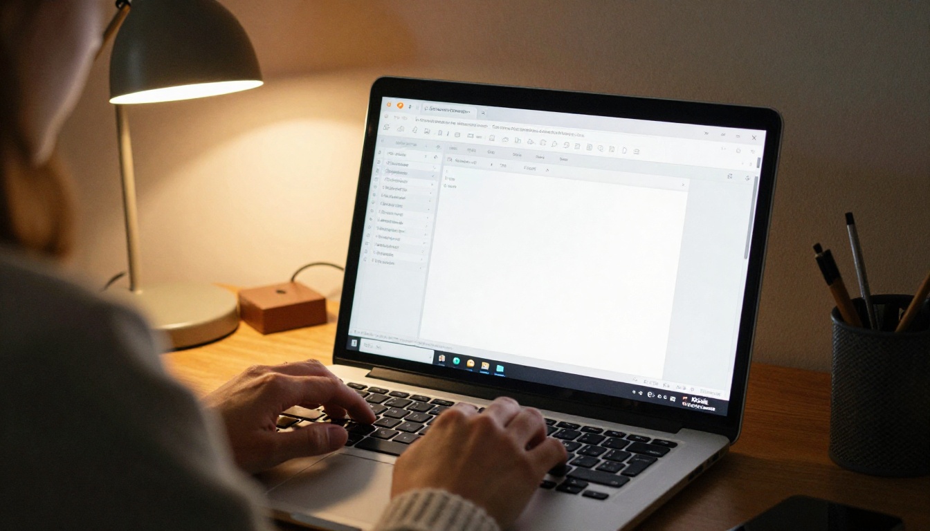 A person reviewing a laptop in a quiet home office