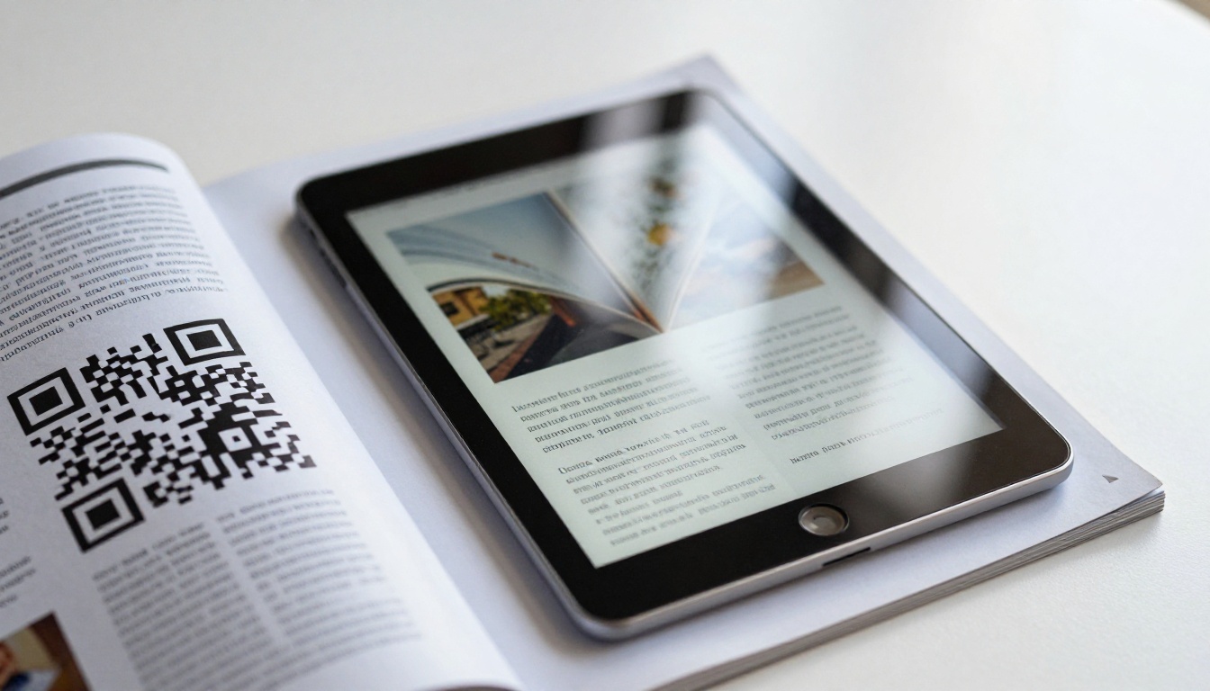 A tablet showing a flipbook beside a printed magazine with a QR code