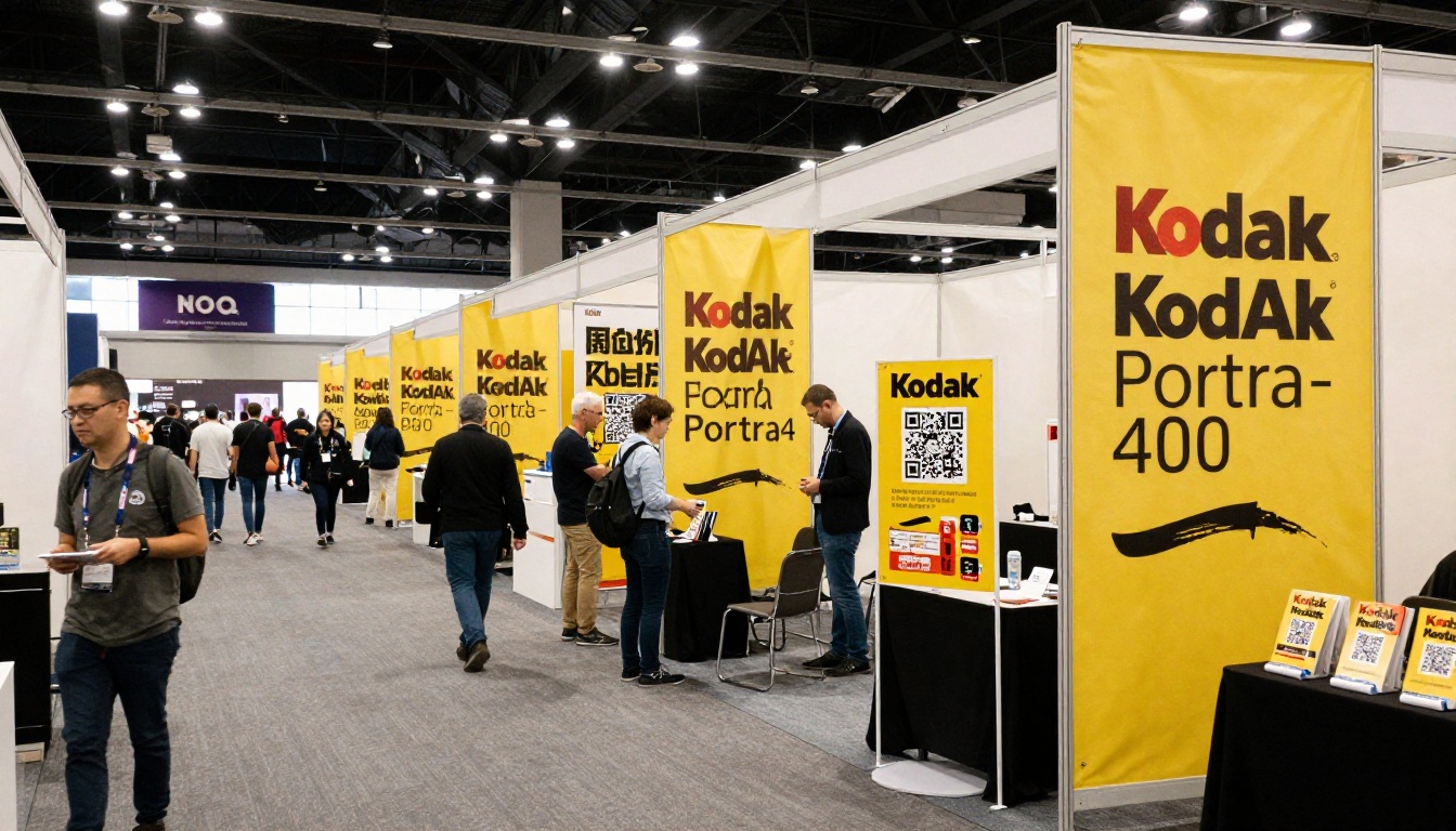 A trade show booth with printed banners and brochures