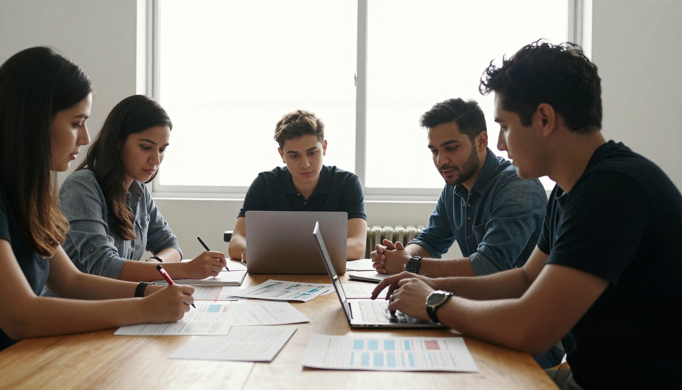 A marketing team reviewing printed materials around a meeting table