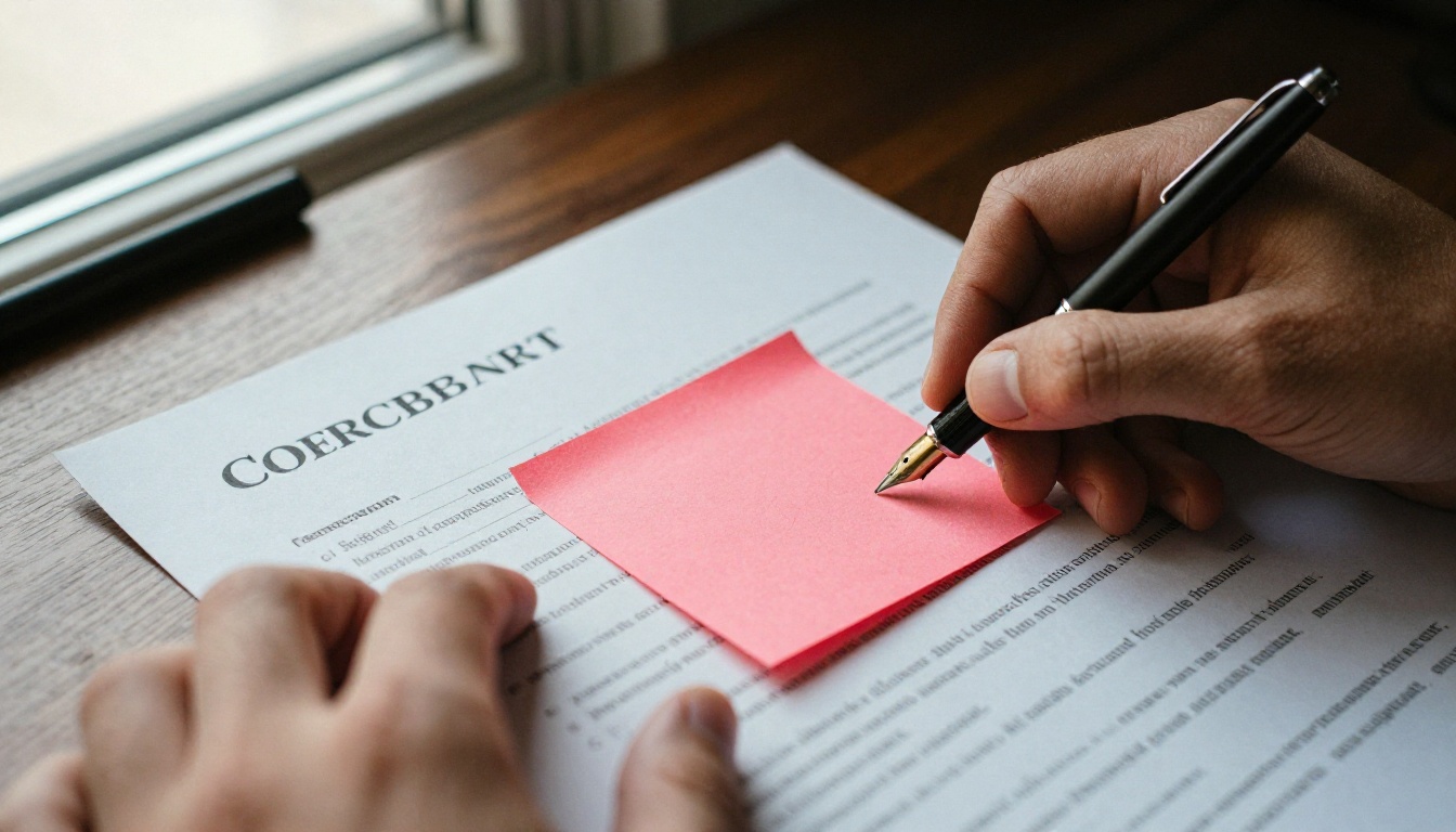 Hand holding a printed contract with a red sticky note on a walnut desk