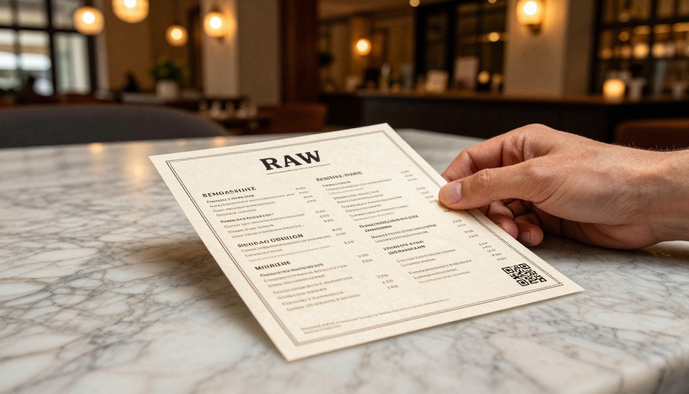 A menu card with a QR code resting on a table next to a coffee cup