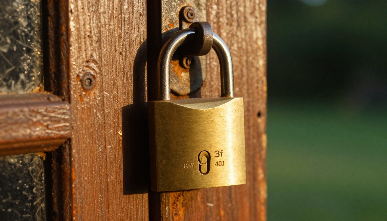 Low-angle view of a brass padlock on a weathered wooden door in golden hour light