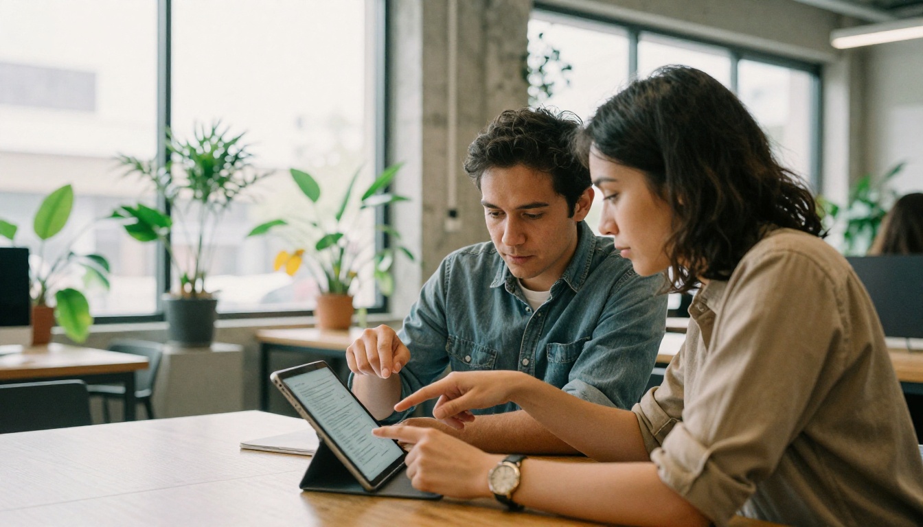 Two colleagues reviewing a proposal on a tablet in a bright co-working space