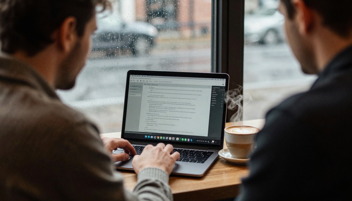 Man typing on a laptop in a small cafe with a latte beside him