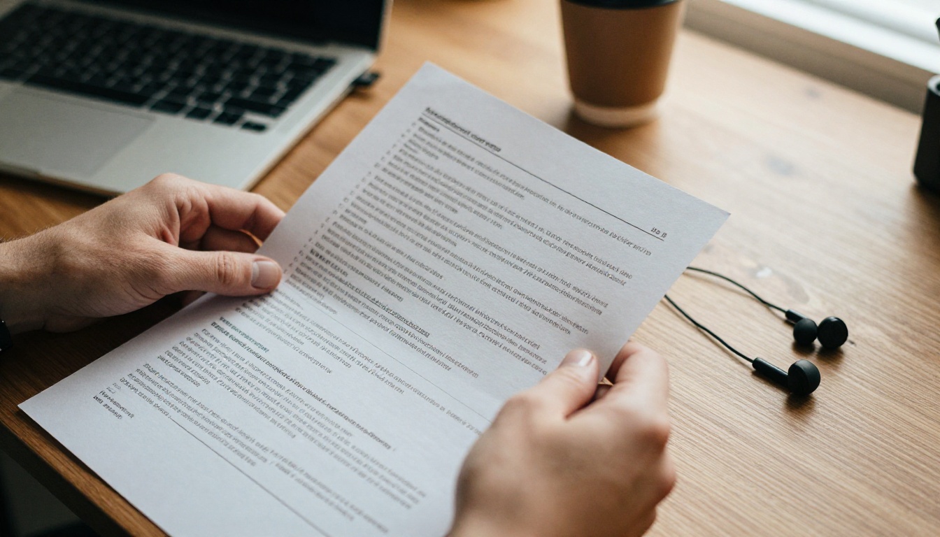 A man's hands holding a printed PDF report beside a laptop and earbuds on a walnut desk
