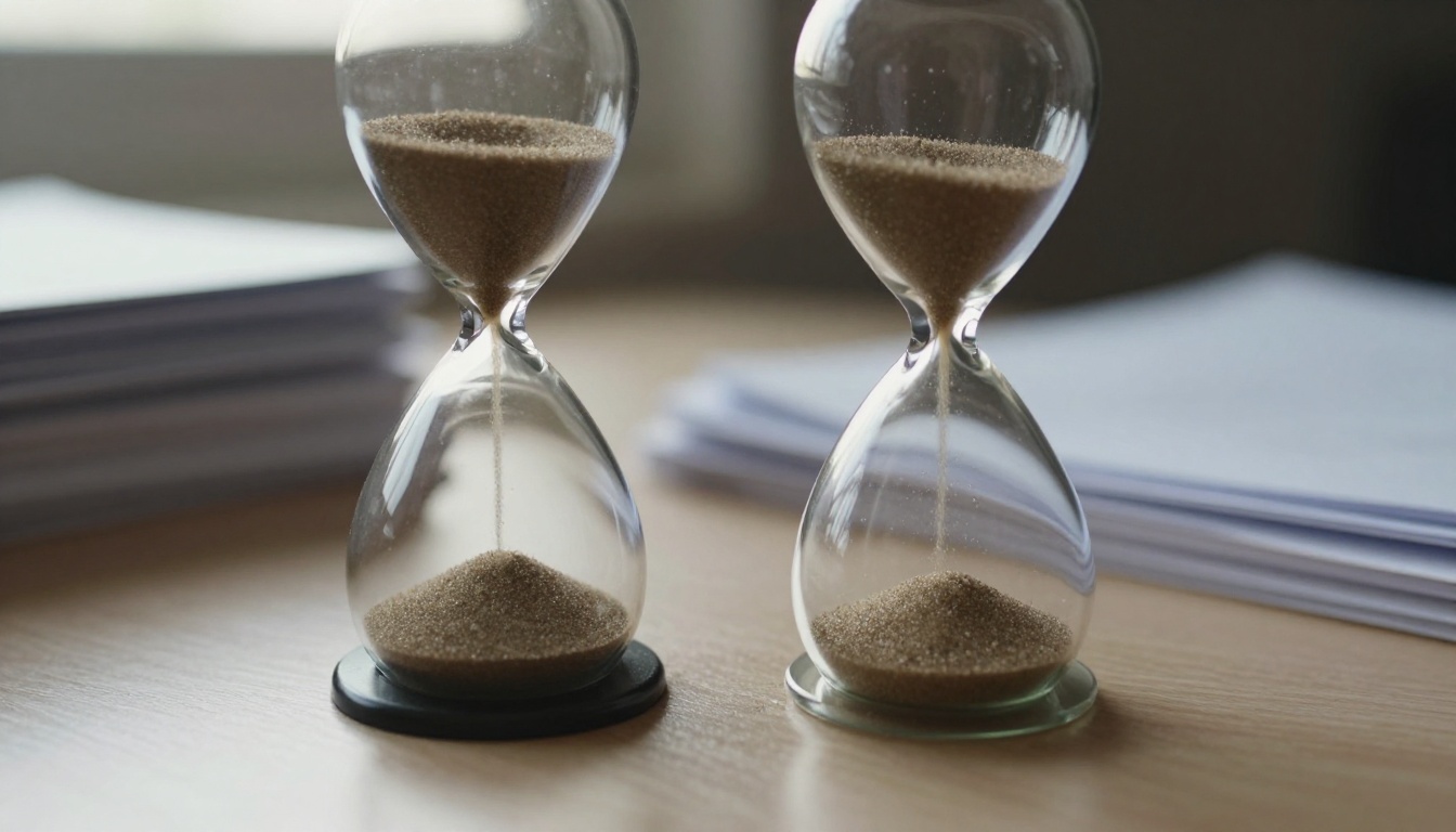 Close-up of an hourglass with sand nearly run out beside a stack of documents