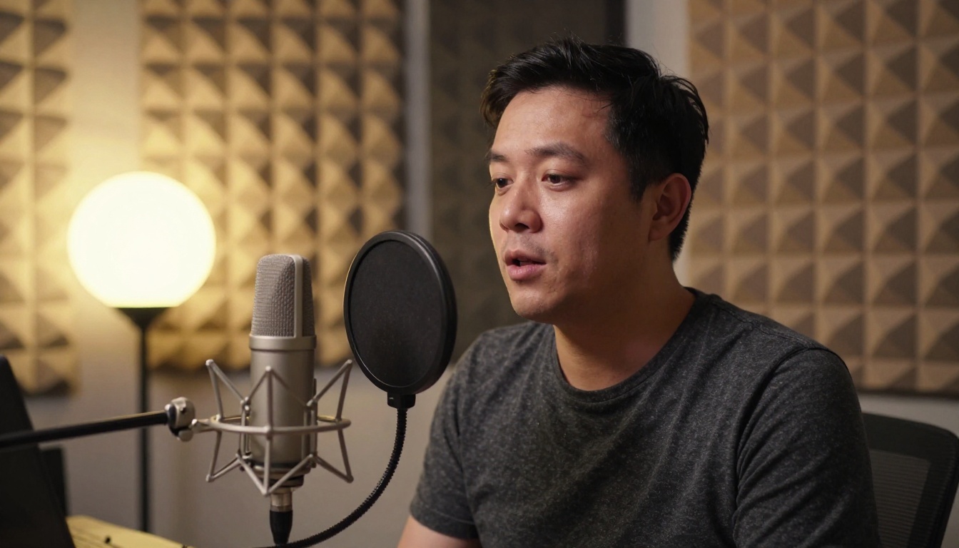 A podcaster speaking into a condenser microphone in a quiet home studio