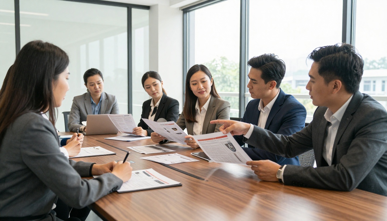 A team reviewing a printed report around a meeting table
