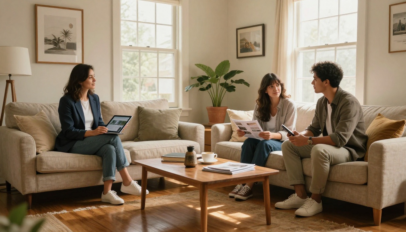 Real estate agent presenting a property brochure on a tablet to a couple in a sunlit living room
