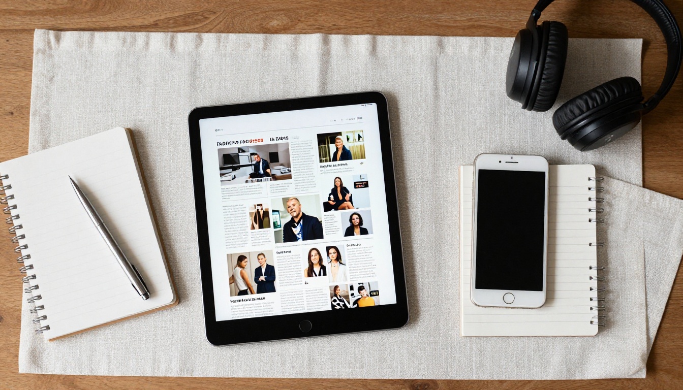A tidy desk with a tablet showing a magazine layout, smartphone, headphones and notebook