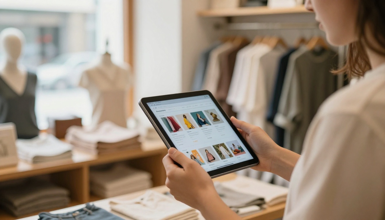 Small business owner holding a tablet with a catalog in a boutique Small business owner holding a tablet with a catalog in a boutique