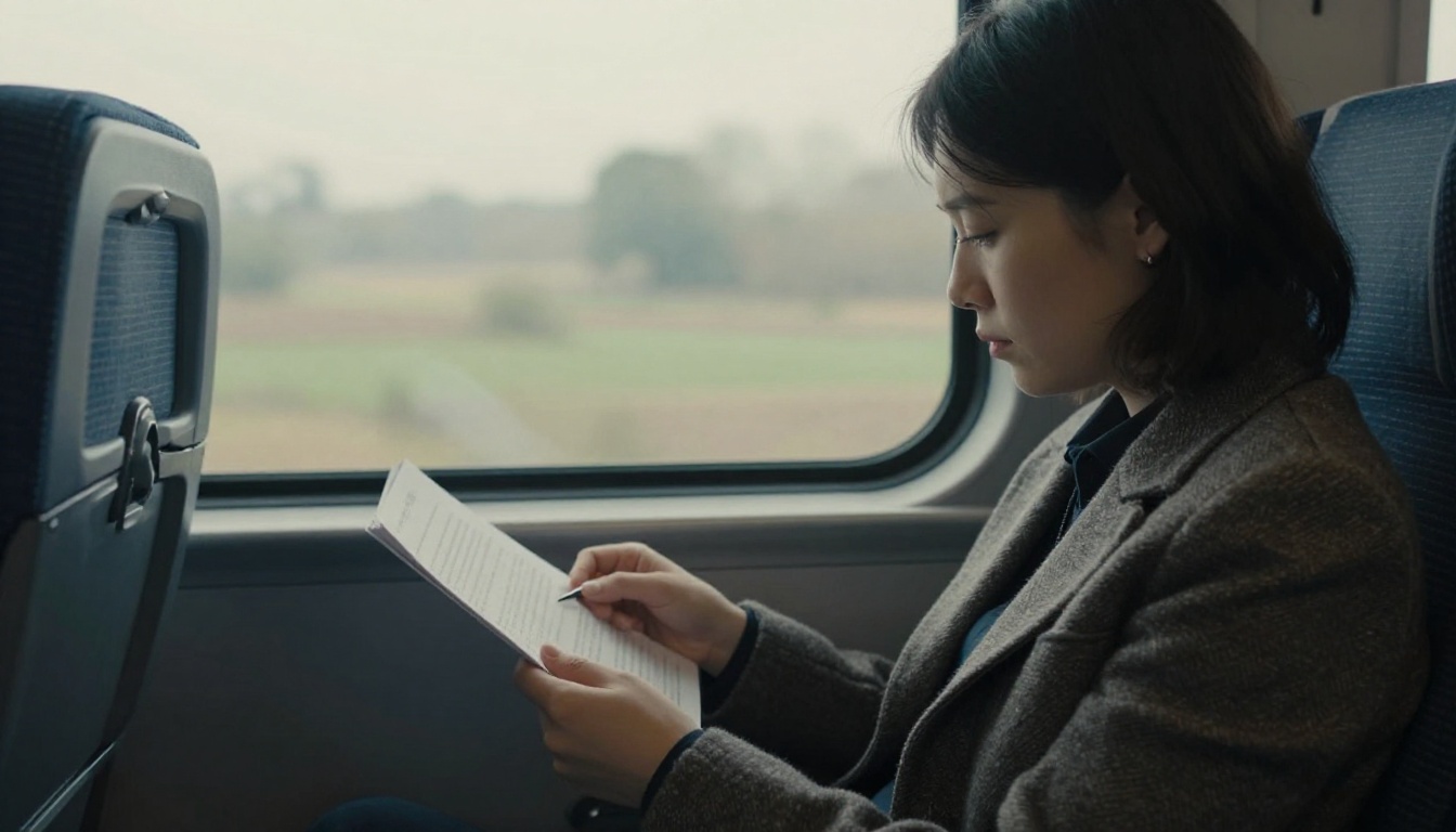 An executive reading a short report on a train