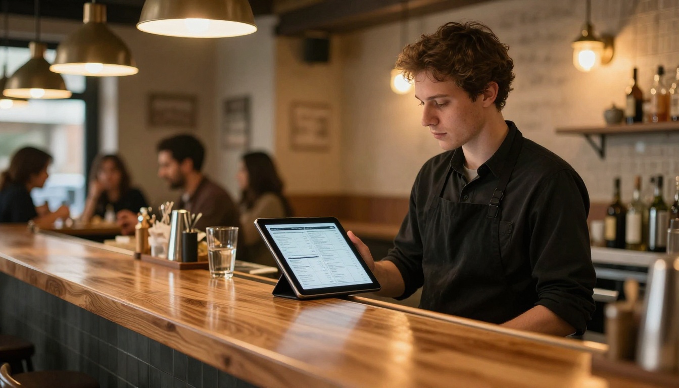 A restaurant owner holding a tablet showing a digital menu at a wooden bar