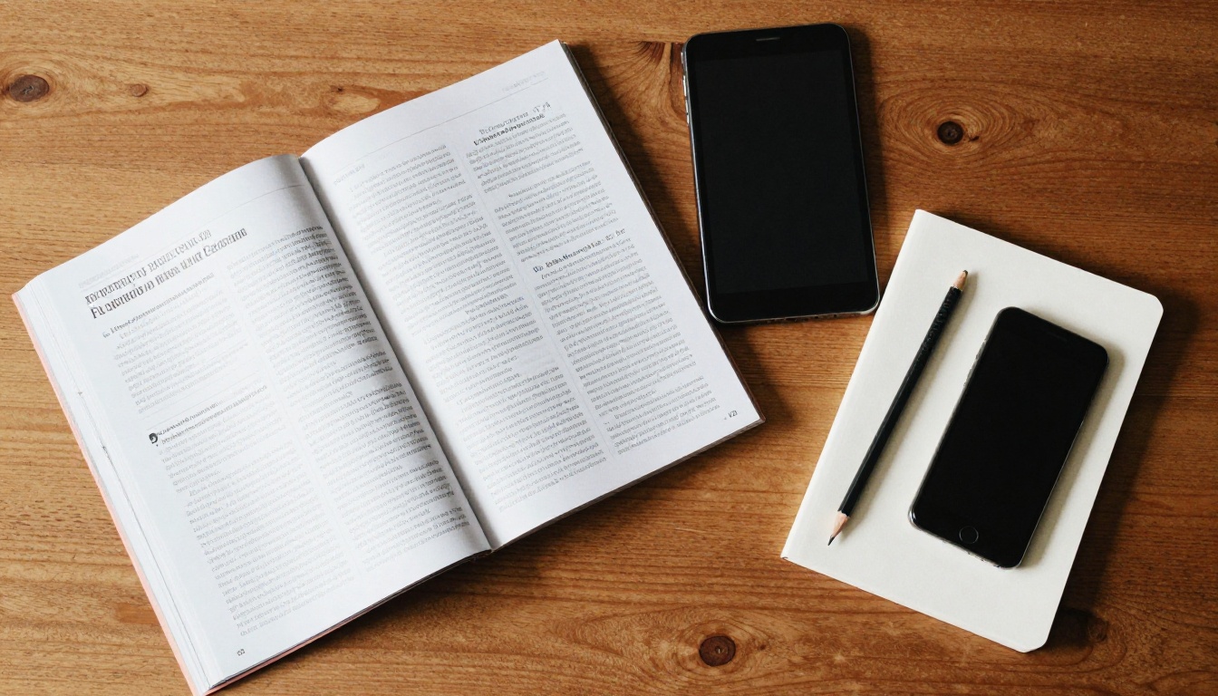 Aerial view of a table with a magazine, tablet and phone Aerial view of a table with a magazine, tablet and phone
