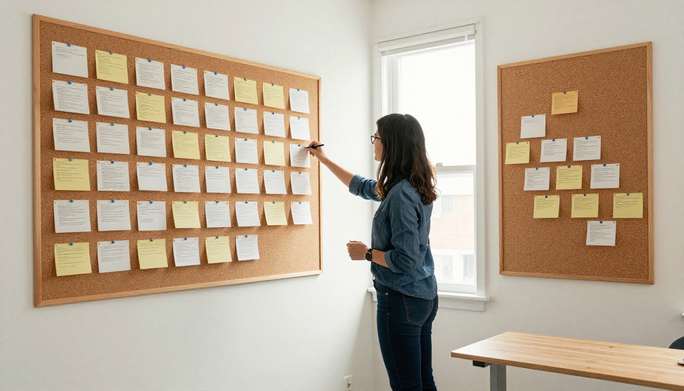 A writer arranging index cards to outline a document