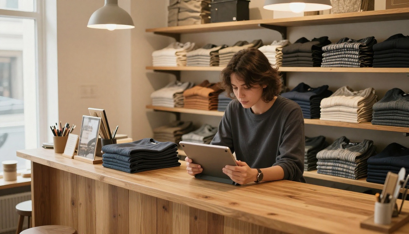 Small business owner in a boutique reading a tablet at the counter