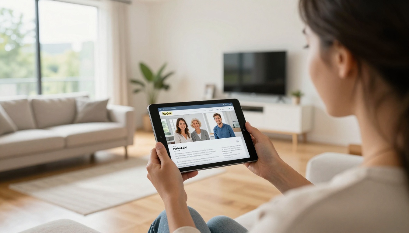 A real estate agent showing a digital brochure on a tablet to a couple in a bright living room