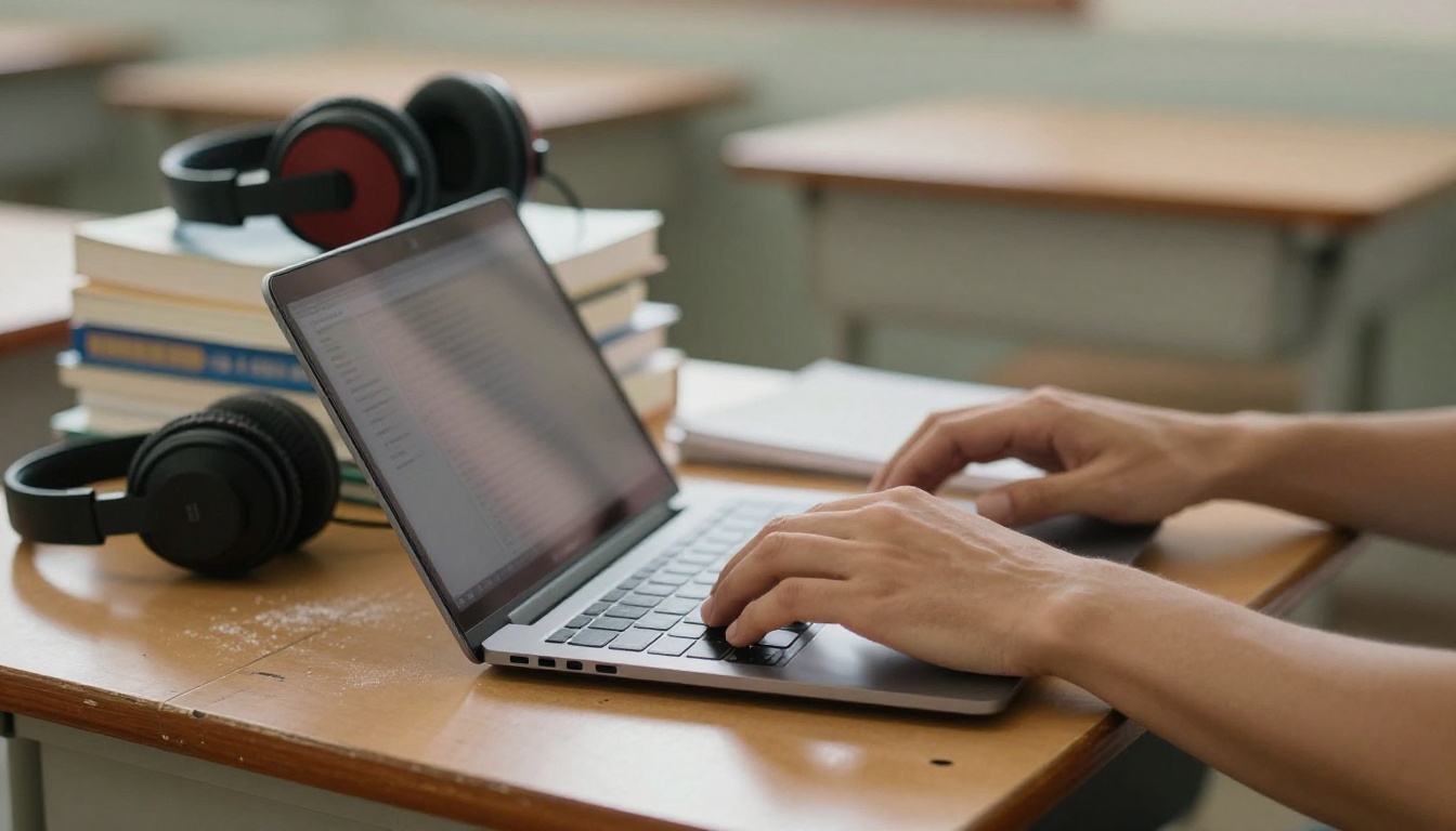 A teacher's hands adjusting a laptop beside textbooks and headphones in a classroom